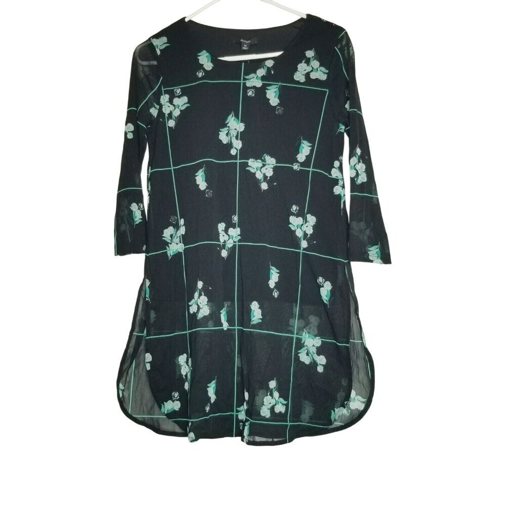 Alfani Womens Petite Medium Windowpane Floral Dress Black/Green Cottagecore Work